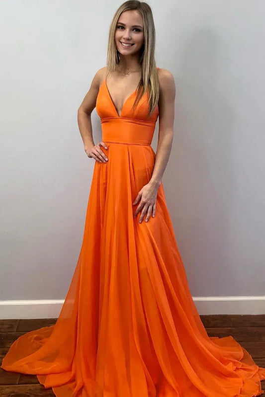 Amzcw Simple Orange tulle long prom dress orange evening dress New Arrivals