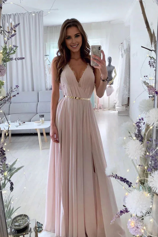 Amzcw Simple Pink v neck chiffon long prom dress pink long evening dress formal wear dresses