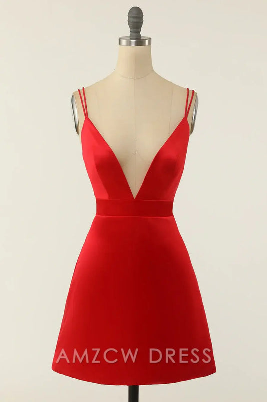 Amzcw Elegant Simple Satin A-Line Empire Low V-Neck Homecoming Dress formal wear dresses