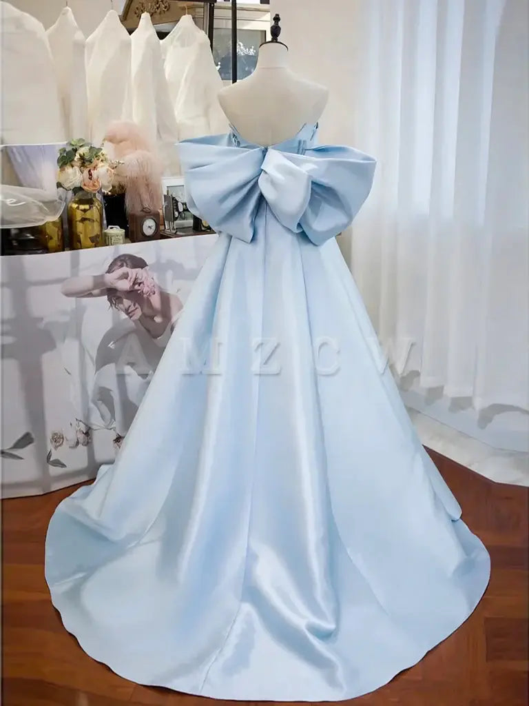 Amzcw Simple Satin Blue Long Prom Dress Blue Long Formal Dress prom dress in store