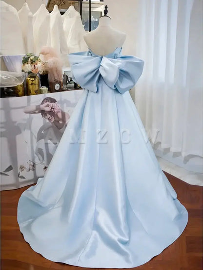 Amzcw Simple Satin Blue Long Prom Dress Blue Long Formal Dress prom dress in store