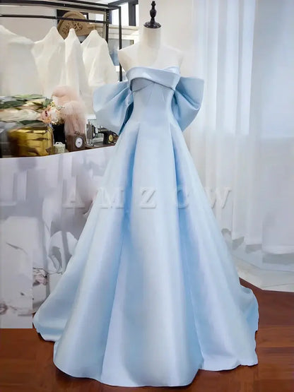 Amzcw Simple Satin Blue Long Prom Dress Blue Long Formal Dress prom dress in store