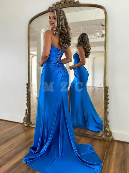 Vestido de fiesta largo azul satinado con escote corazón sencillo de Amzcw, vestido formal largo azul, vestido de fiesta en tienda 