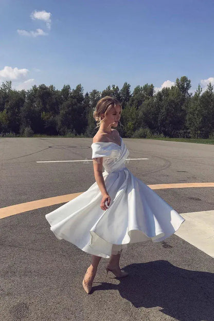 Amzcw Simple White off shoulder satin tea length prom dress white evening dress formal wear dresses