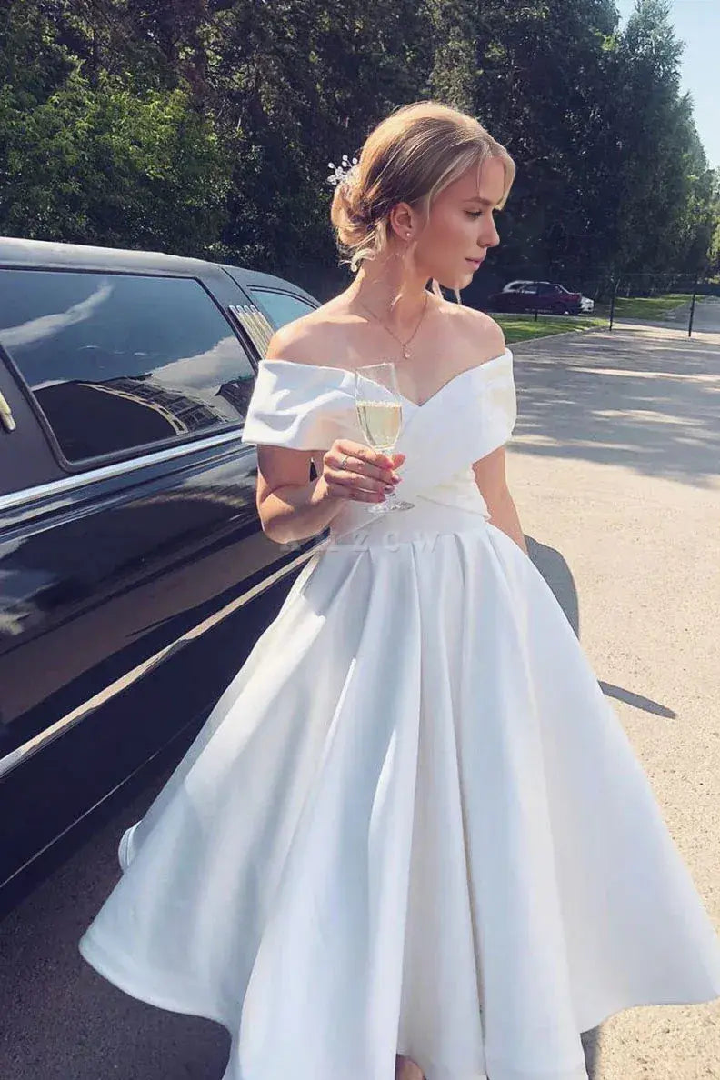 Amzcw Simple White off shoulder satin tea length prom dress white evening dress formal wear dresses
