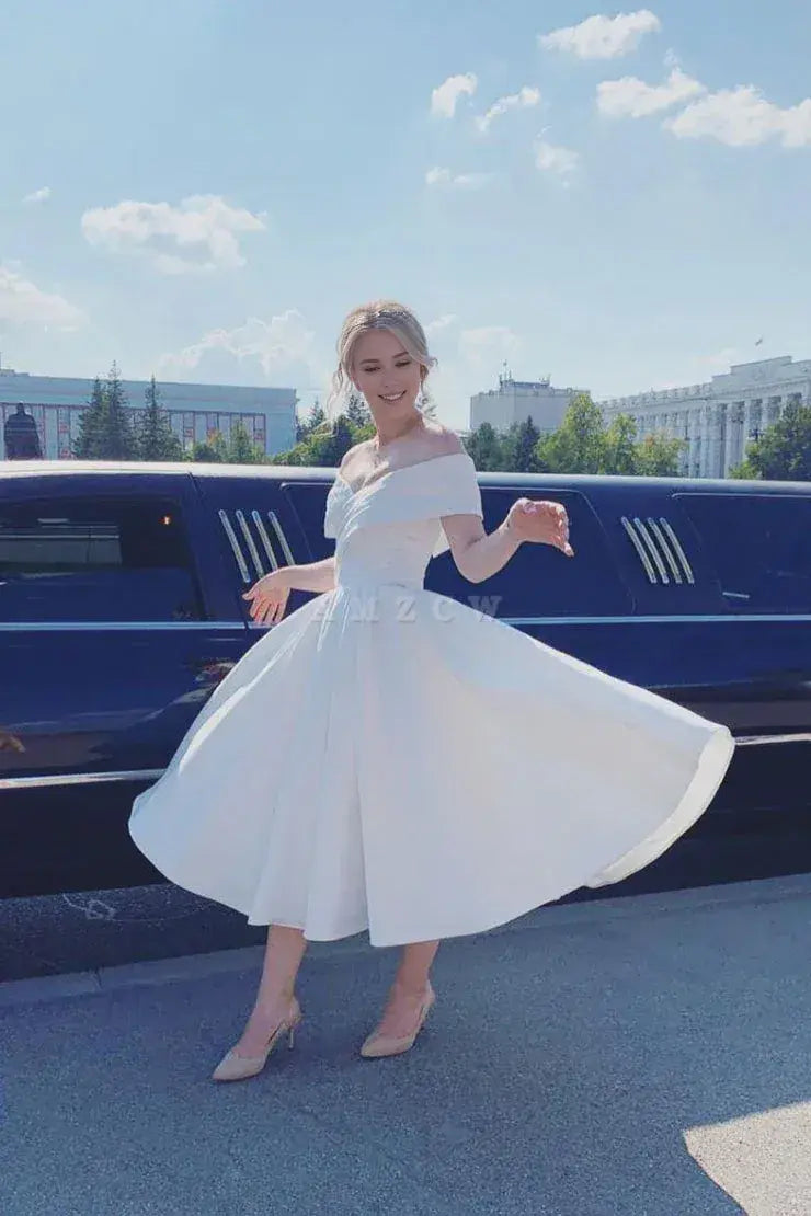 Amzcw Simple White off shoulder satin tea length prom dress white evening dress formal wear dresses