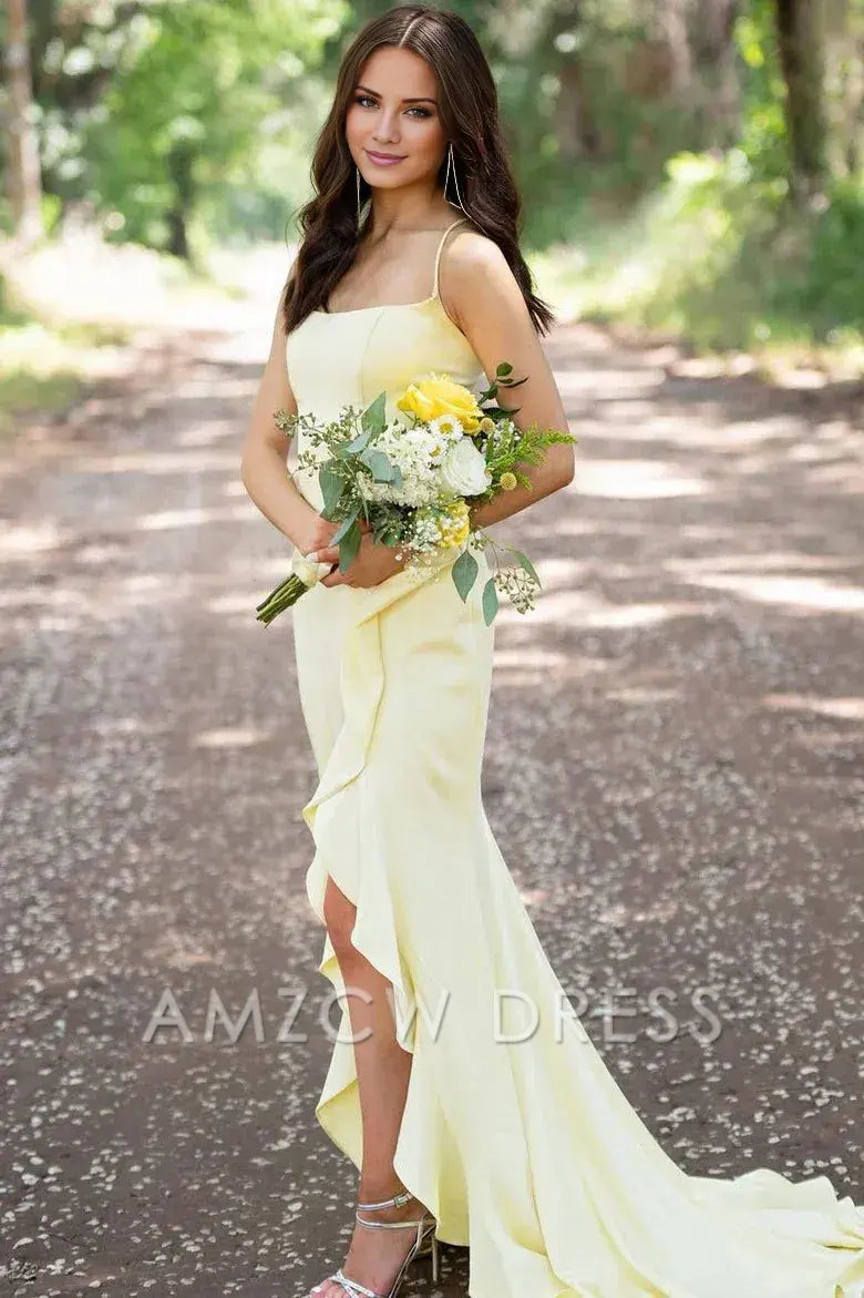 Amzcw Simple Yellow Spaghetti Straps Mermaid Satin Formal Prom Dress