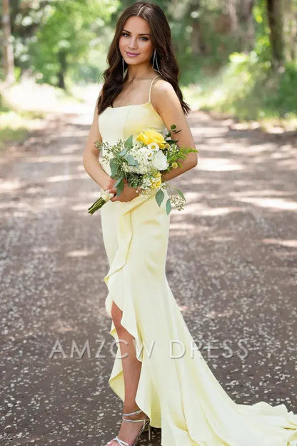 Amzcw Simple Yellow Spaghetti Straps Mermaid Satin Formal Prom Dress