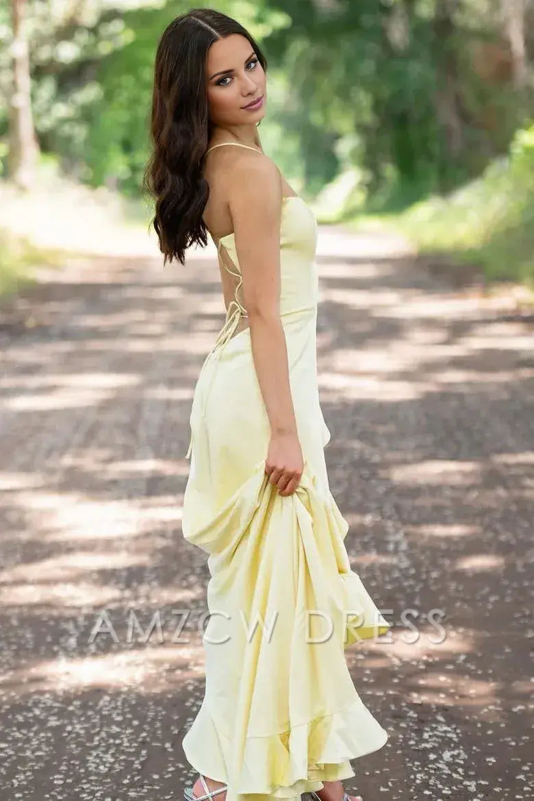 Amzcw Simple Yellow Spaghetti Straps Mermaid Satin Formal Prom Dress