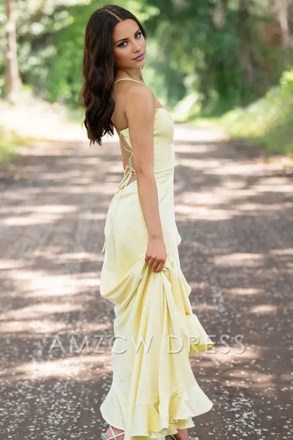 Amzcw Simple Yellow Spaghetti Straps Mermaid Satin Formal Prom Dress