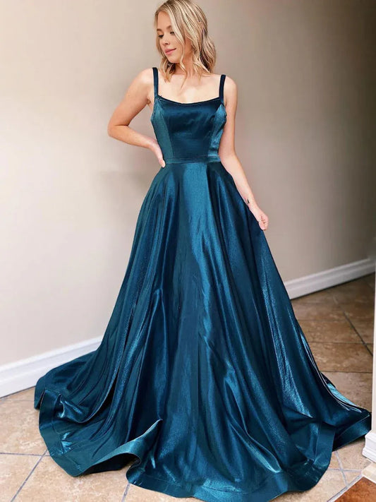 Amzcw Simple backless satin blue long prom dress blue evening dress stores with prom dresses