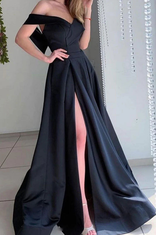 Amzcw Simple black satin long prom dress black satin evening dress formal wear dresses