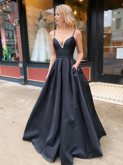 Amzcw Simple black satin long prom dress black satin evening dress stores with prom dresses