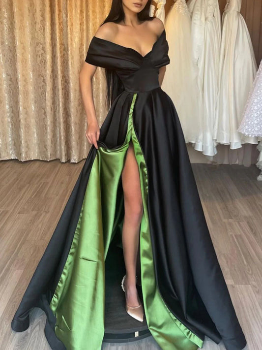 Amzcw Vestido de fiesta largo sencillo de satén negro con hombros descubiertos, vestido de noche negro, vestidos de fiesta, tiendas 