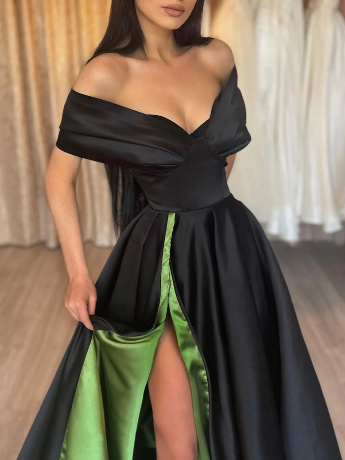 Amzcw Vestido de fiesta largo sencillo de satén negro con hombros descubiertos, vestido de noche negro, vestidos de fiesta, tiendas 
