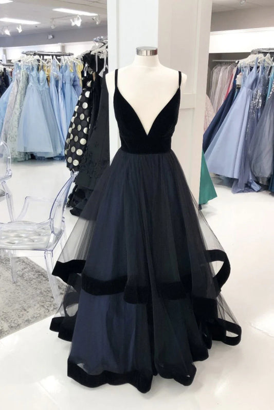 Amzcw Simple black tulle long prom dress black tulle formal dress
