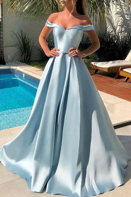 Amzcw Simple blue off shoulder satin long prom dress blue evening dress formal wear dresses