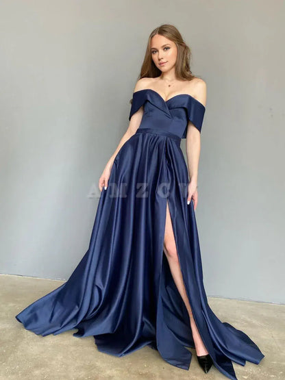 Amzcw Vestido de fiesta largo de satén azul con hombros descubiertos, sencillo, vestido de noche azul, tiendas de vestidos de fiesta 