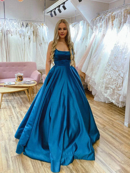 Amzcw Simple blue satin backless long prom dress blue evening dress stores with prom dresses