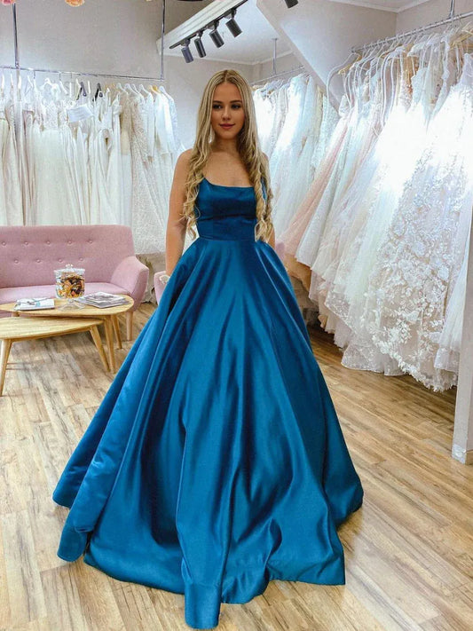 Amzcw Simple blue satin backless long prom dress blue evening dress stores with prom dresses