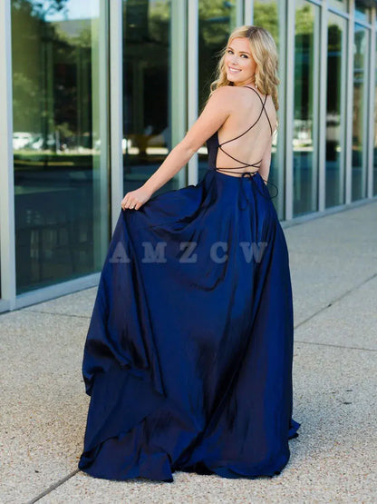 Amzcw Vestido de fiesta largo de satén azul sencillo, vestido de noche azul sin espalda, vestidos formales 