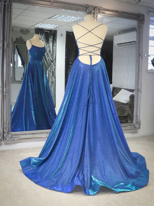 Amzcw Simple blue satin long prom dress blue backless long evening dress formal wear dresses