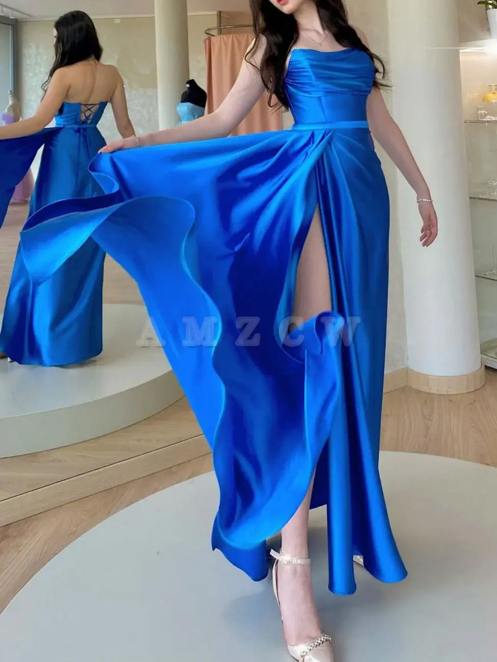 Amzcw Simple blue satin long prom dress blue formal party dress prom dresses shops