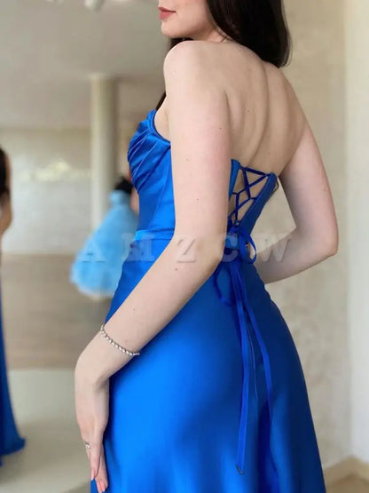 Amzcw Simple blue satin long prom dress blue formal party dress prom dresses shops