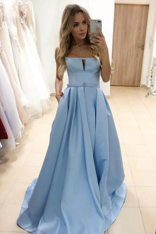 Amzcw Simple blue satin long prom dress blue long evening dress formal wear dresses