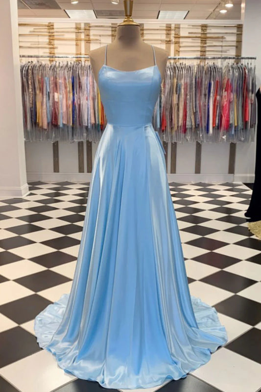 Amzcw Simple blue satin long prom dress blue long evening dress formal wear dresses