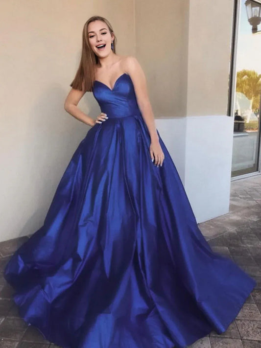 Amzcw Simple blue satin long prom dress blue satin bridesmaid dress stores with prom dresses