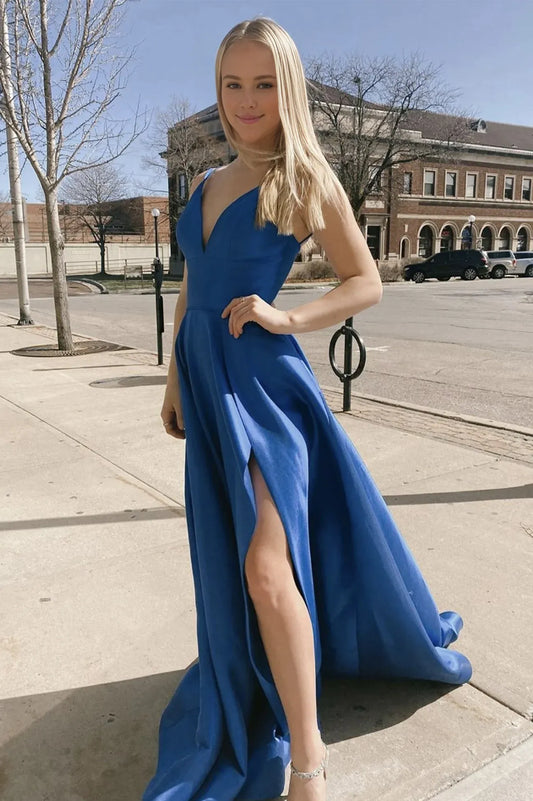 Amzcw Simple blue satin long prom dress blue satin evening dress formal wear dresses