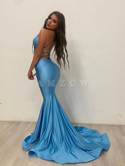 Amzcw Vestido de fiesta largo de sirena de satén azul sencillo, vestido de noche azul, vestidos formales 