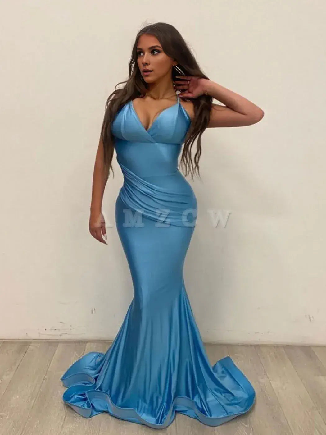 Amzcw Vestido de fiesta largo de sirena de satén azul sencillo, vestido de noche azul, vestidos formales 