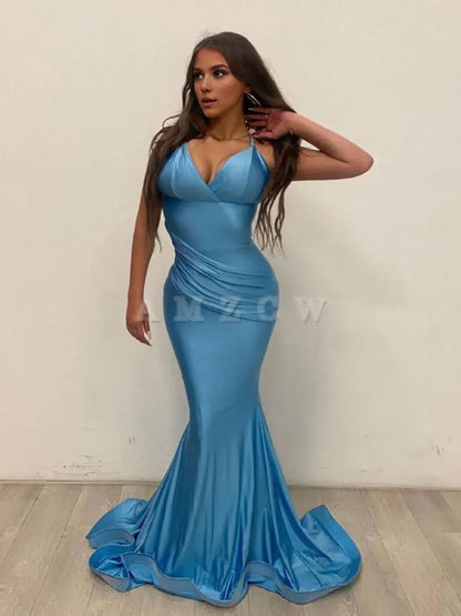 Amzcw Vestido de fiesta largo de sirena de satén azul sencillo, vestido de noche azul, vestidos formales 