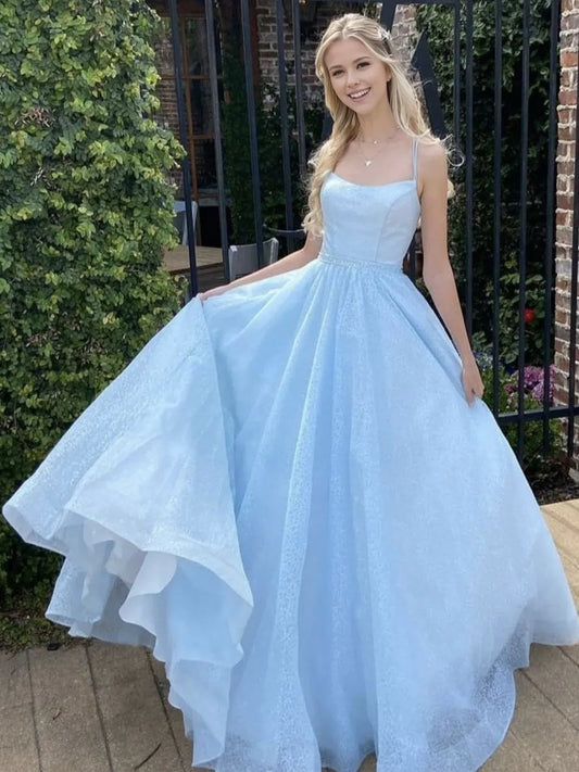 Amzcw Simple blue tulle sequin long prom dress blue tulle formal dress stores with prom dresses