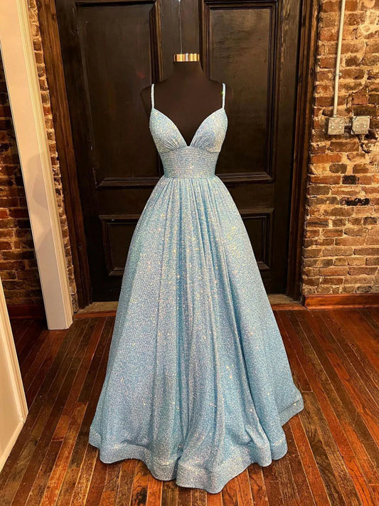 Amzcw Simple blue v neck sequin long prom dress A line blue evening dress formal wear dresses