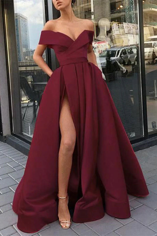 Amzcw Simple burgundy satin long prom dress burgundy bridesmaid dress formal wear dresses