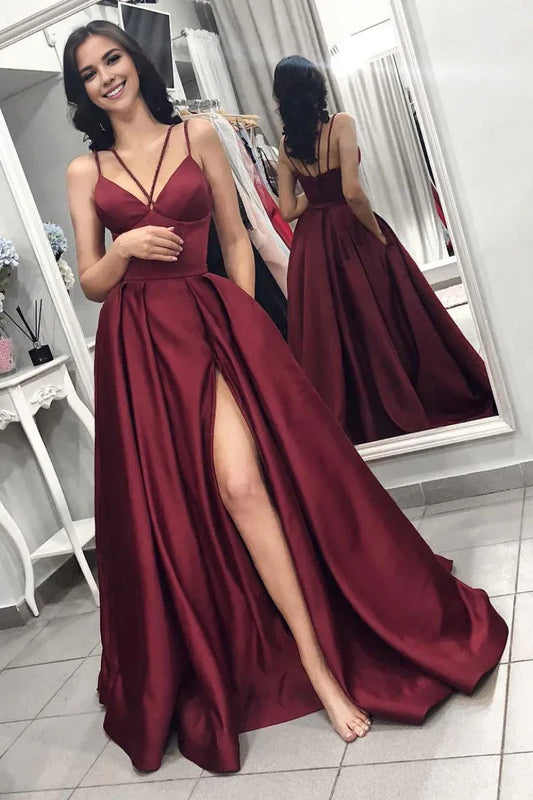 Amzcw Simple burgundy satin long prom dress burgundy formal dress New Arrivals