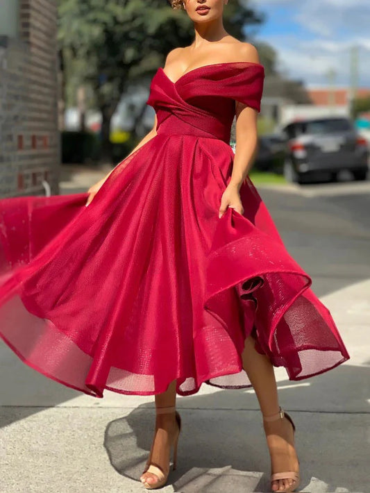 Amzcw Simple burgundy tulle off shoulder prom dress burgundy bridesmaid dress formal wear dresses