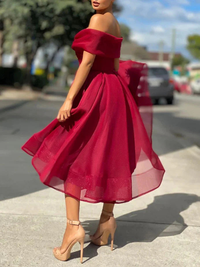 Amzcw Vestido de fiesta sencillo de tul burdeos con hombros descubiertos, vestido de dama de honor burdeos, vestidos formales 