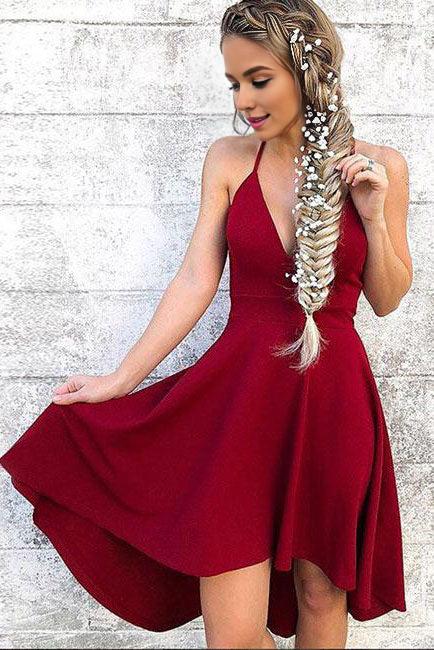 Amzcw Simple burgundy v neck chiffon short prom dress burgundy cocktail dress New Arrivals
