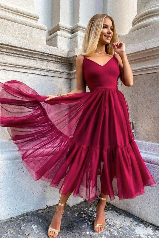 Amzcw Simple burgundy v neck tulle prom dress burgundy evening dress New Arrivals