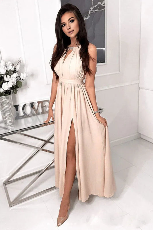 Amzcw Simple champagne chiffon long prom dress chiffon evening dress New Arrivals
