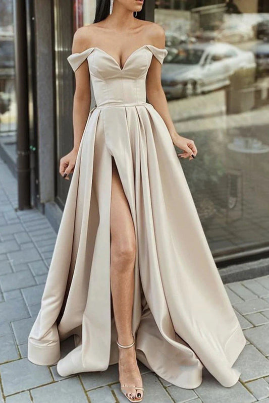 Amzcw Simple champagne satin long prom dress champagne evening dress formal wear dresses