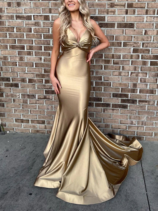 Amzcw Simple gold satin mermaid long prom dress gold evening dress formal wear dresses