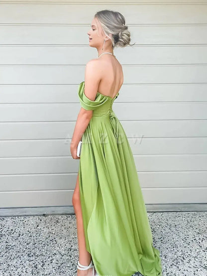Amzcw Simple green off shoulder satin long prom dress green evening dress formal wear dresses ﻿