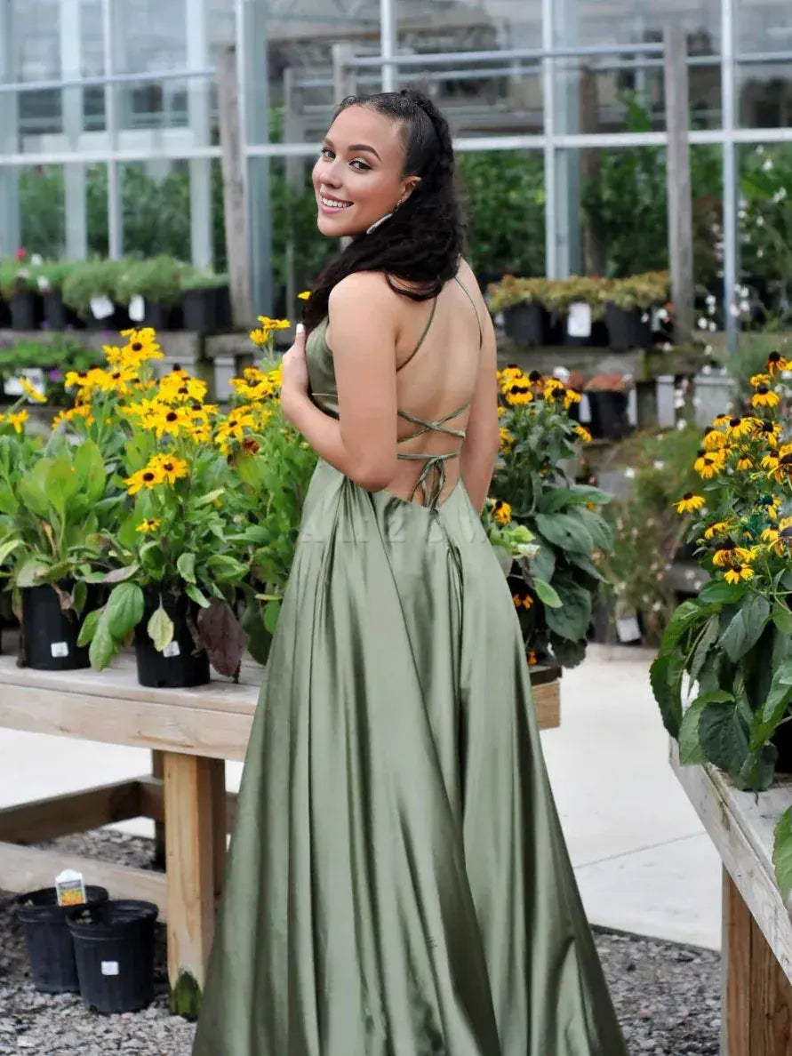 Amzcw Simple green satin long prom dress green evening dress formal wear dresses