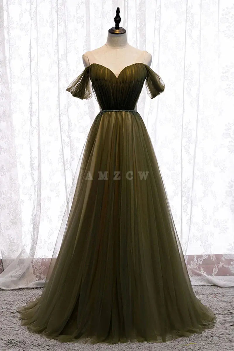 Amzcw Simple green tulle long prom dress green tulle evening dress formal wear dresses formal wear dresses