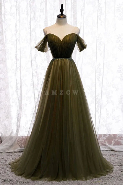 Amzcw Simple green tulle long prom dress green tulle evening dress formal wear dresses formal wear dresses